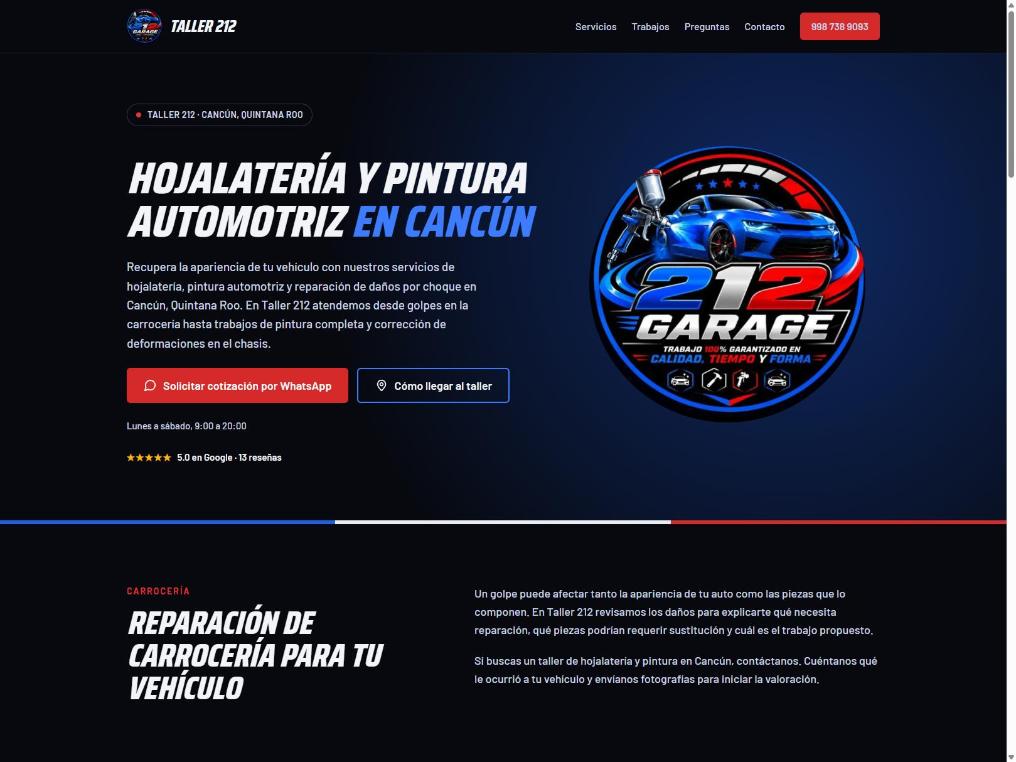 Taller 212 auto body and paint website in Cancún, built by Search Engine Profiling